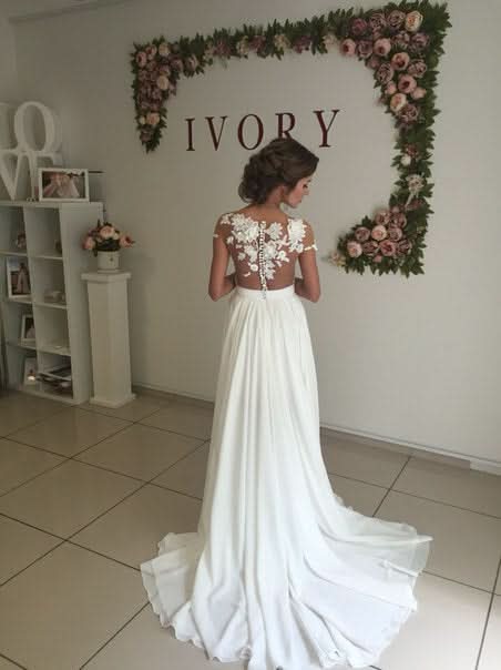 A-Line Chiffon Wedding Dress With Lace Ruffles Side Slit Appliques BM bride
