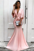 Light Pink Half Sleeve Mermaid Long Prom Dress BM bride
