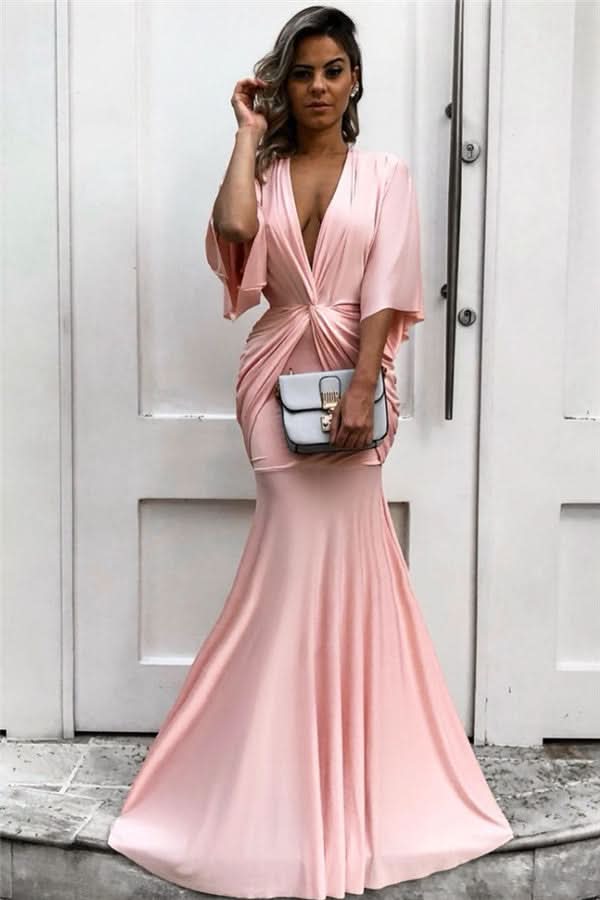 Light Pink Half Sleeve Mermaid Long Prom Dress BM bride