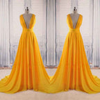 Beautiful Orange Deep V Neck Sleeveless A Line Long Prom Dress