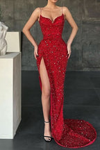Red Spaghetti-Straps Mermaid Evening Dress with Split Sequins BM bride