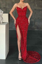 Red Split Spaghetti Strap Sleeveless Mermaid Prom Dress With Sequins