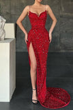 Red Spaghetti-Straps Mermaid Evening Dress with Split Sequins BM bride