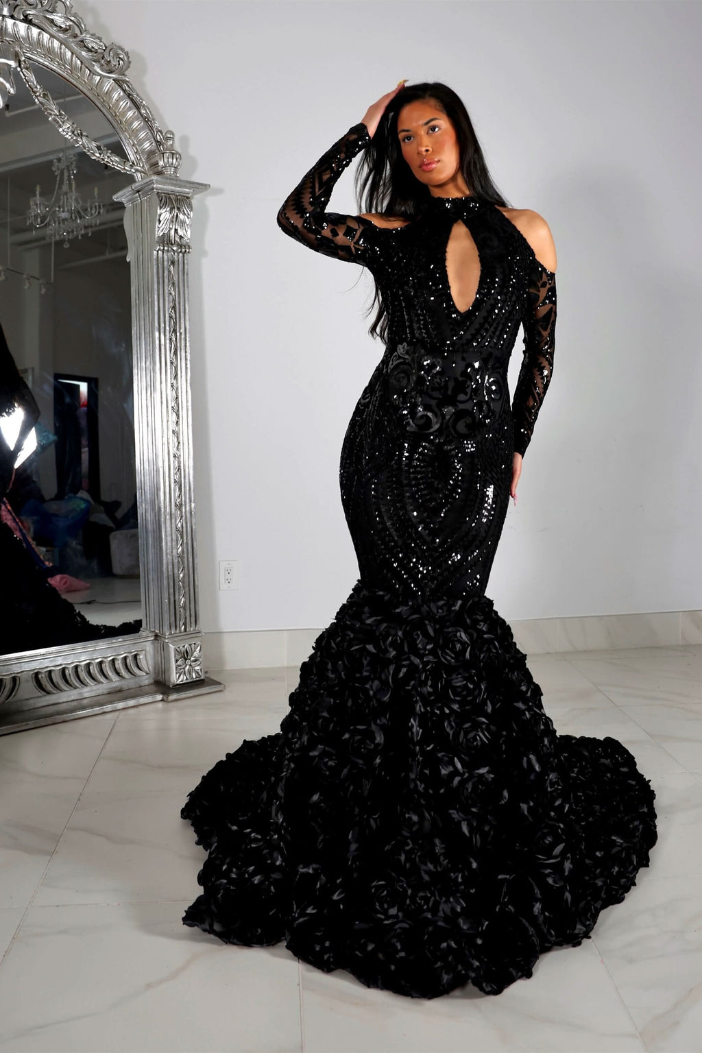 Black Half-Sleeve Halter Mermaid Prom Dress with Floral Appliques BM bride