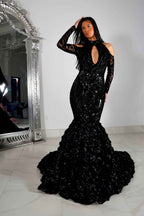 Black Long Sleeves Prom Dress With Appliques Long Flowers Mermaid