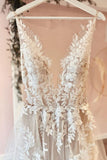 Sleeveless Long A-Line Lace Wedding Dress with Tulle Appliques BM bride