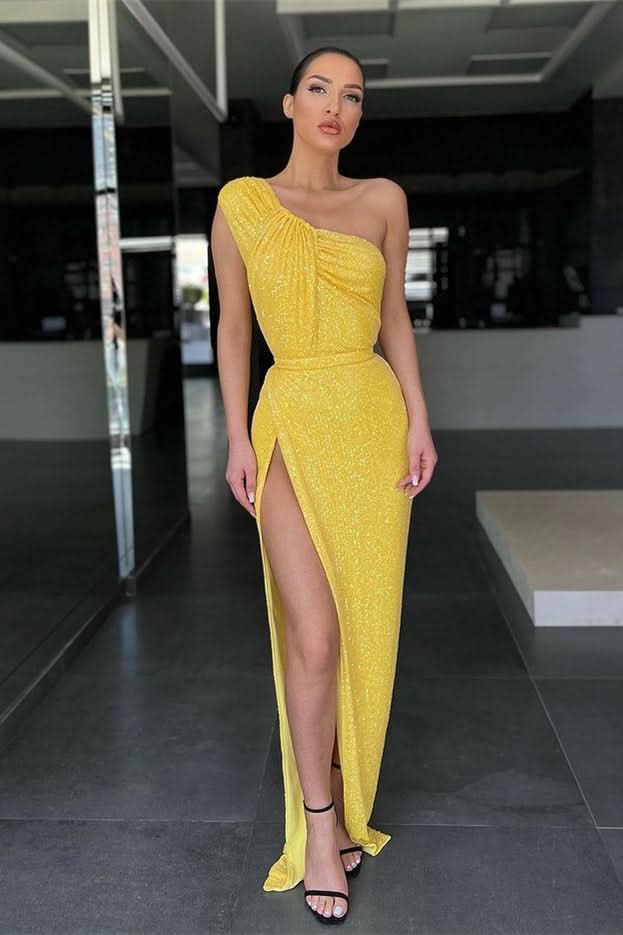 Yellow One-Shoulder Mermaid Evening Dress with Sequins and Split BM bride