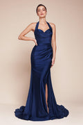 Halter Sleeveless Split Mermaid Long Prom Dress With Pleated BMBRIDE