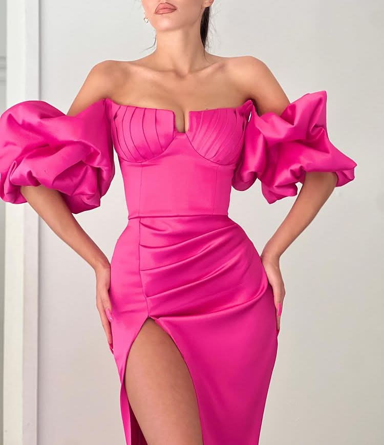 Fuchsia Strapless Off-the-Shoulder Puff Sleeve Mermaid Evening Dress with Split BM bride