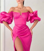 Fuchsia Strapless Off the Shoulder Mermaid Puff Sleeves Prom Dress With Split