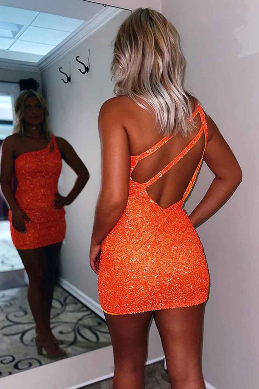 Sparkly Green One Shoulder Sequins Homecoming Dress
