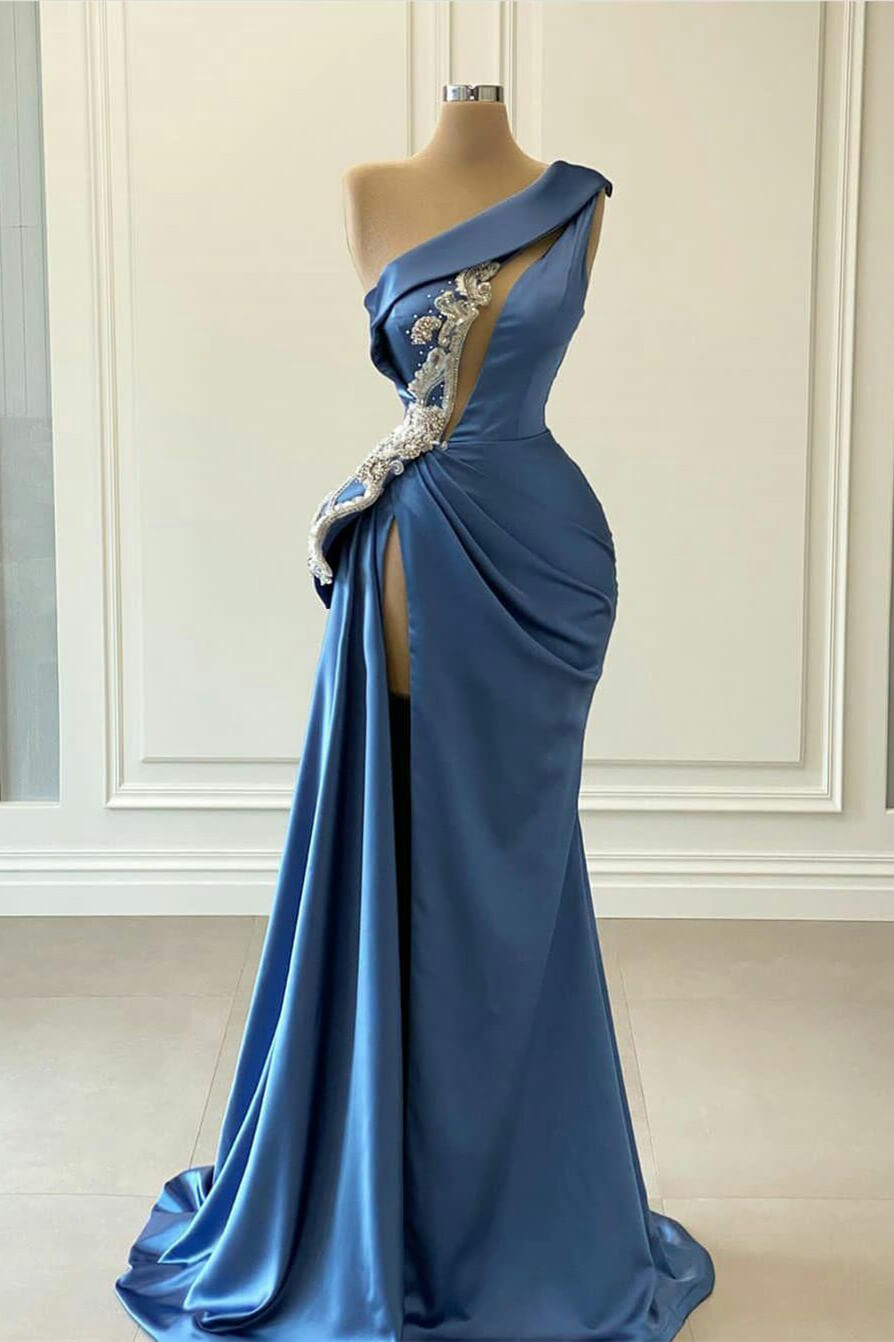 Blue One Shoulder Mermaid Prom Dress with Beading BM bride