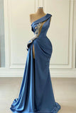 Blue One Shoulder Mermaid Prom Dress with Beading BM bride