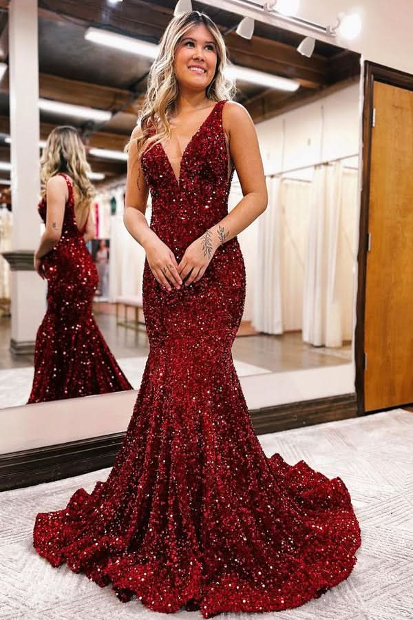 Charming V Neck Mermaid Sweep Evening Dress with Sequins BM bride