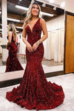 Charming V Neck Mermaid Sweep Evening Dress with Sequins BM bride