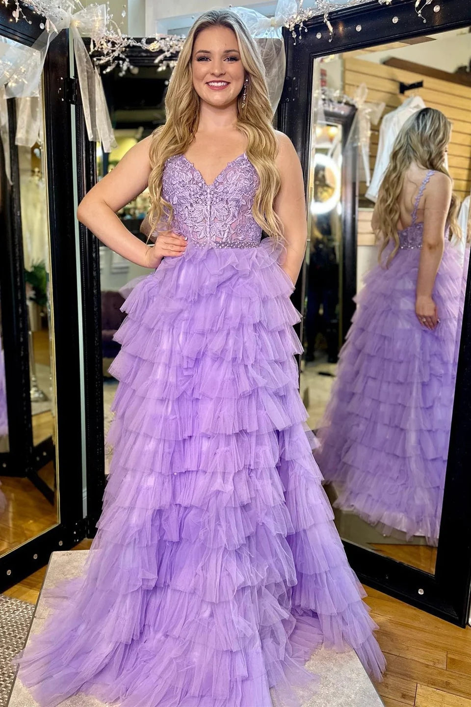 Beautiful Lavender Appliques V-Neck Ruffle Tiered Long Prom Dress BM bride