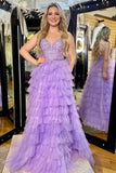 Beautiful Lavender Appliques V-Neck Ruffle Tiered Long Prom Dress BM bride