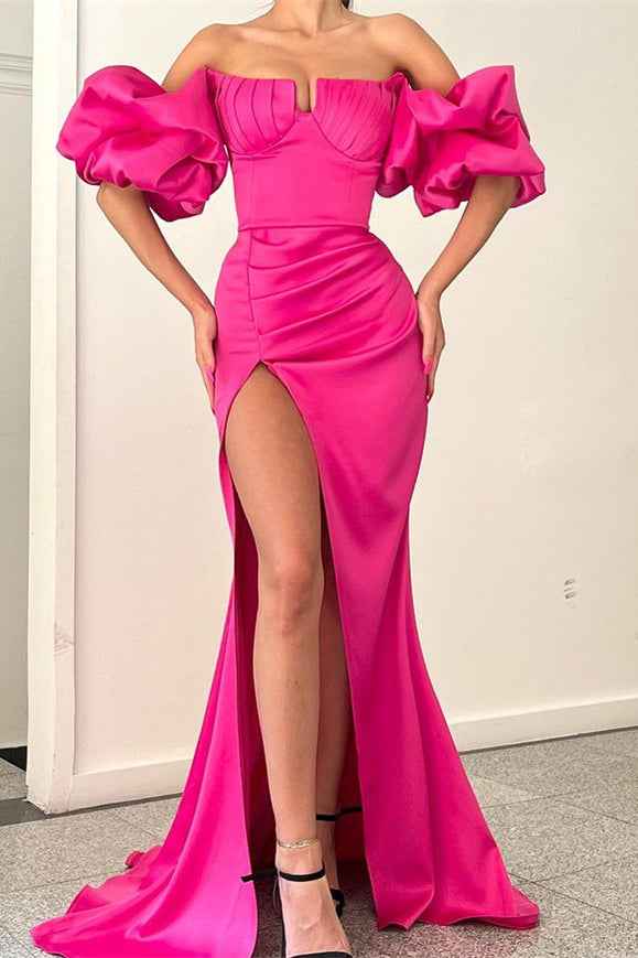 Fuchsia Strapless Off the Shoulder Mermaid Puff Sleeves Evening Dress With Split