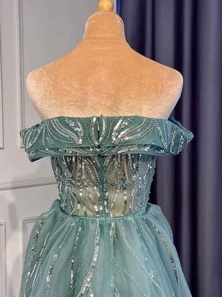 Graceful Bead Embroidery Off the Shoulder Strapless Green Long Prom Dress