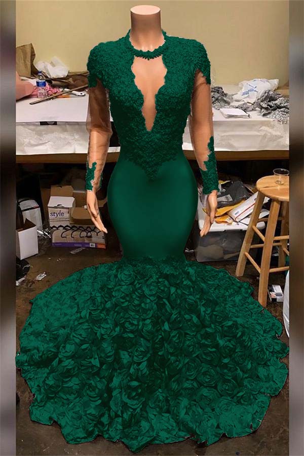 Elegant Mermaid V Neck Prom Dress Appliques Long Sleeves With Flowers Bottom BMBRIDE