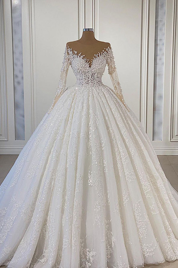 Gorgeous Long Sleeve Ball Gown Wedding Dress with Lace and Beading BM bride