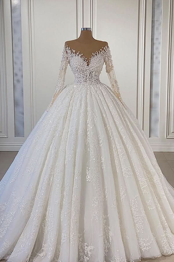 Gorgeous Long Sleeve Ball Gown Wedding Dress with Lace and Beading BM bride