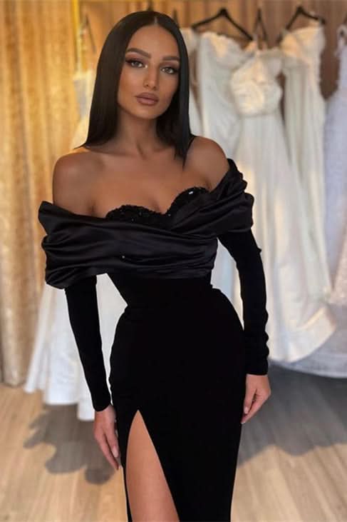 Black Mermaid Prom Dress Half-Sleeve Pleated with Slit BM bride