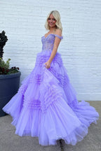Elegant Red Tulle Off-the-Shoulder Ruffle Tiered Long Prom Dress BM bride
