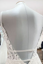 V-Neck Long Satin Mermaid Wedding Dress with Open Back and Lace Appliques BM bride