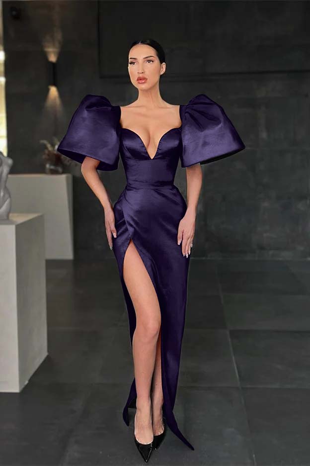 Charming Mermaid Royal Blue V Neck Pleated Long Prom Dress With High Split BMBRIDE