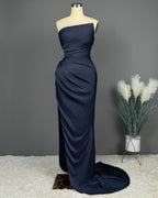 Simple Blue Sleeveless Charmeuse Prom Dress with High Slit and Pleats BM bride