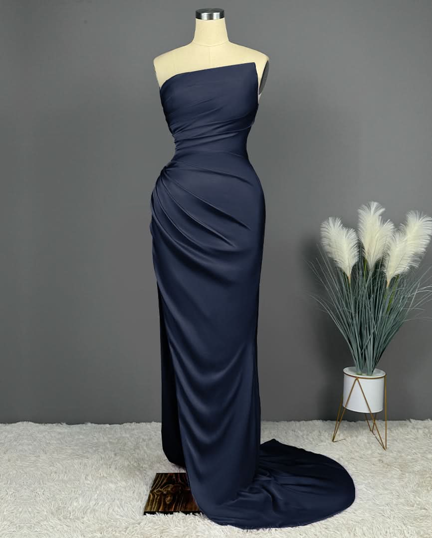 Simple Blue Sleeveless Charmeuse Prom Dress with High Slit and Pleats BM bride