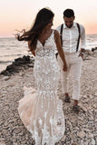 Elegant Long Mermaid V-Neck Floral Lace Wedding Dress with Backless Design BM bride