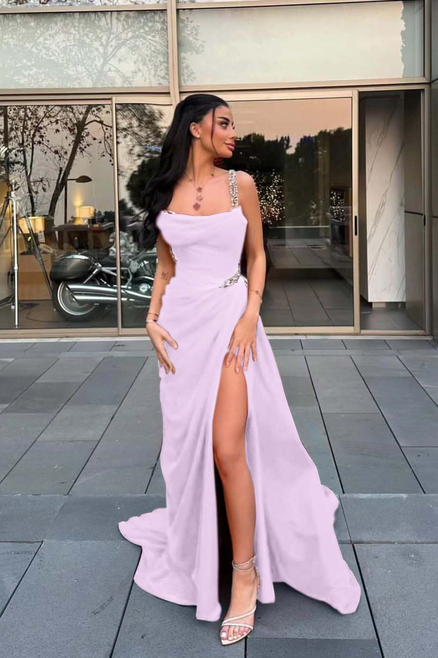 Spaghetti Strap Sleeveless Long Prom Dress With Split Beading BMBRIDE