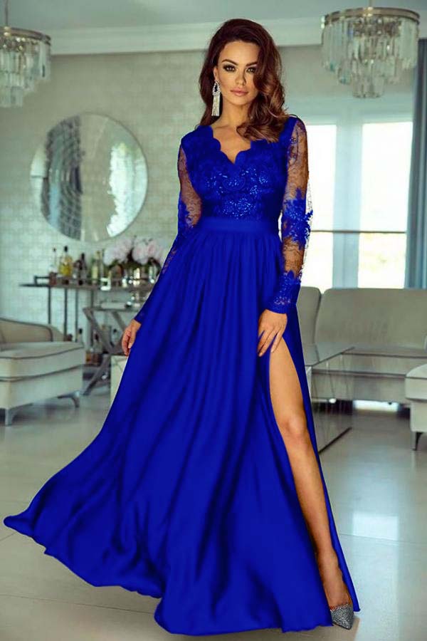Charming V Neck Long Sleeves Lace A Line Long Prom Dress With Side Split BMBRIDE