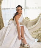 Long Sleeveless A-Line One-Shoulder Satin Wedding Dress with Slit BM bride