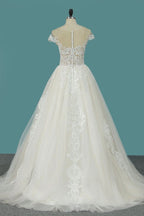 Bateau A-Line Wedding Dress Floor-length With Ruffles Tulle Appliques Lace BM bride