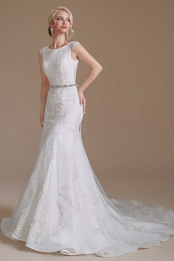 Mermaid Jewel Neck Long Wedding Dress with Tulle Lace BM bride
