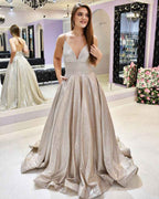 Spaghetti Strap V Neck Sleeveless Sequins Elegant Prom Dress With Pockets