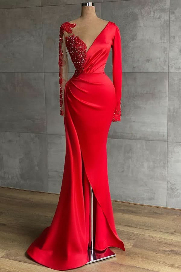 Red Long Sleeves Mermaid Prom Dress BM bride