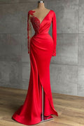 Red Long Sleeves Mermaid Prom Dress BM bride