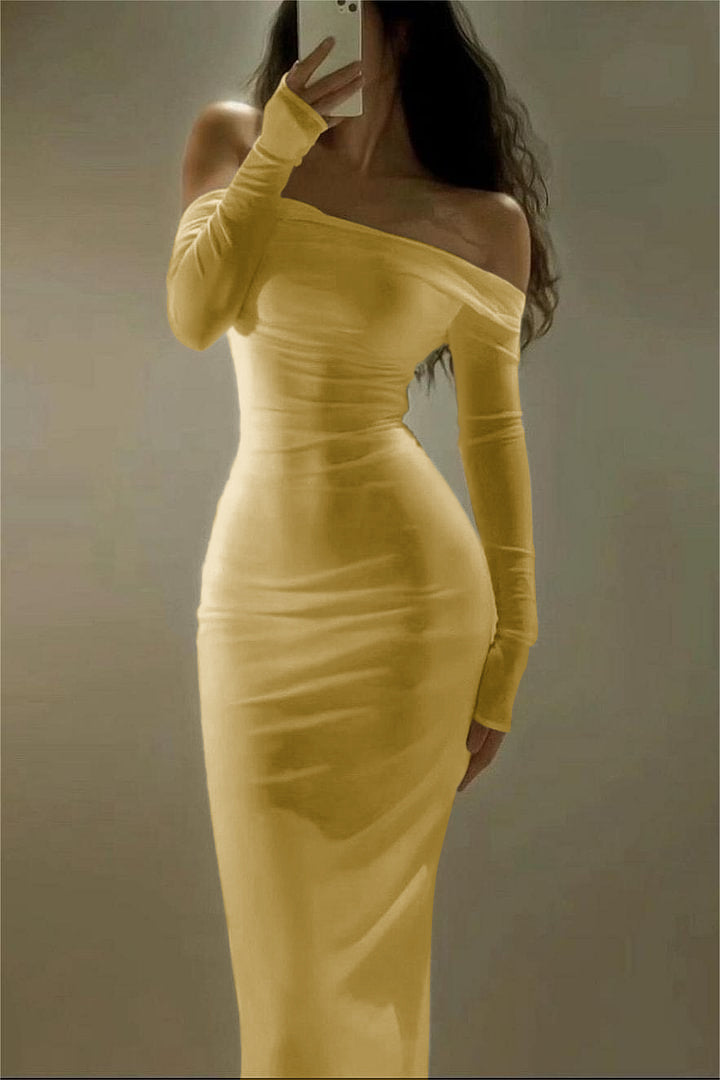 Off the Shoulder Strapless Long Sleeves Long Prom Dress With Pleated BMBRIDE
