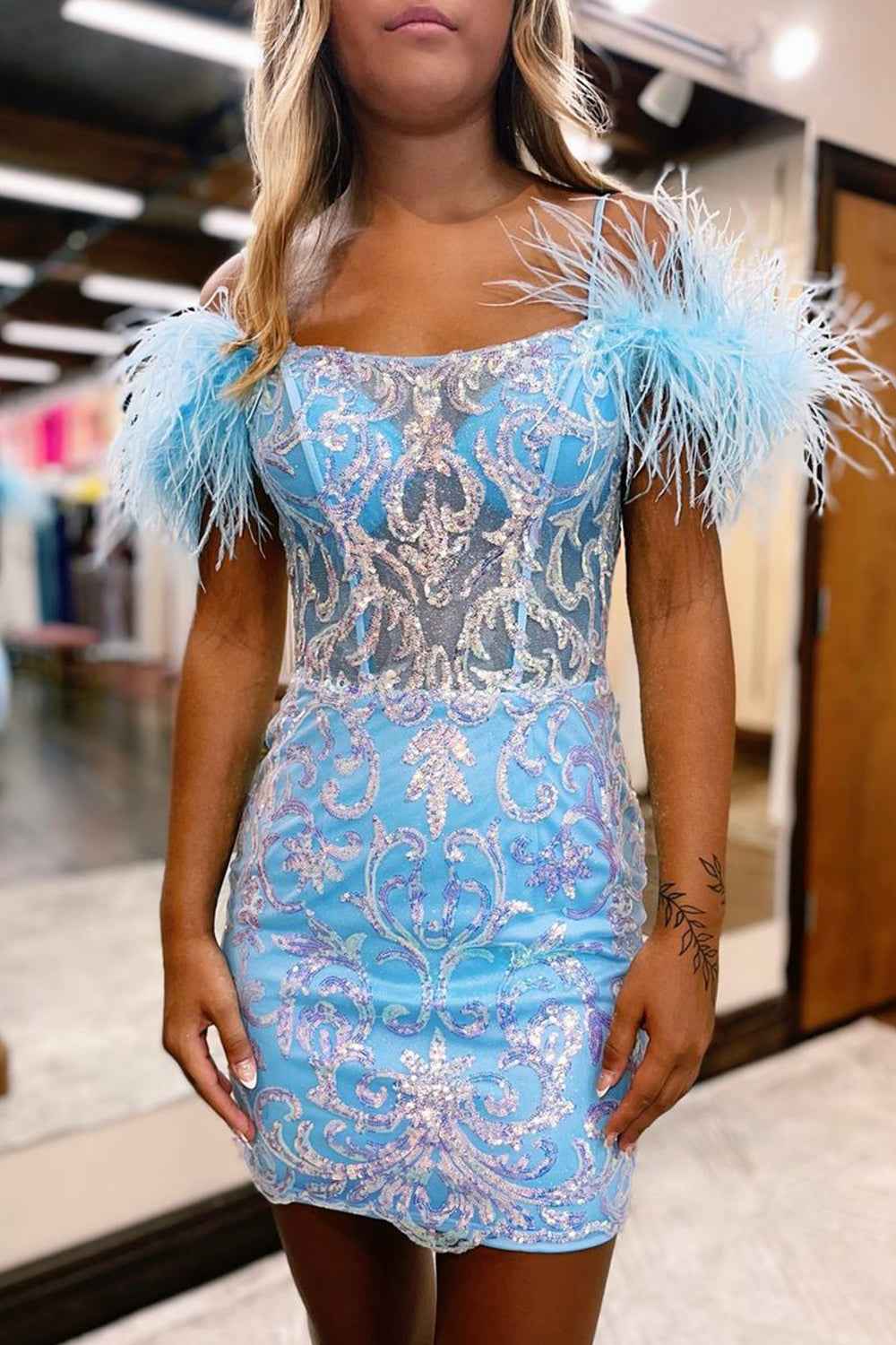Glitter Blue Corset Lace Tight Short Homecoming Dress with Feathers Bmbride