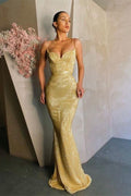 Stunning Mermaid Spaghetti Strap Sleeveless Prom Dress Long With Sequins