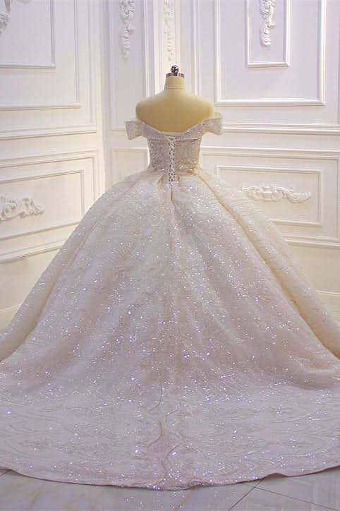 Off-the-Shoulder Satin Ruffle Ball Gown Wedding Dress with Sequins and Beadings BM bride