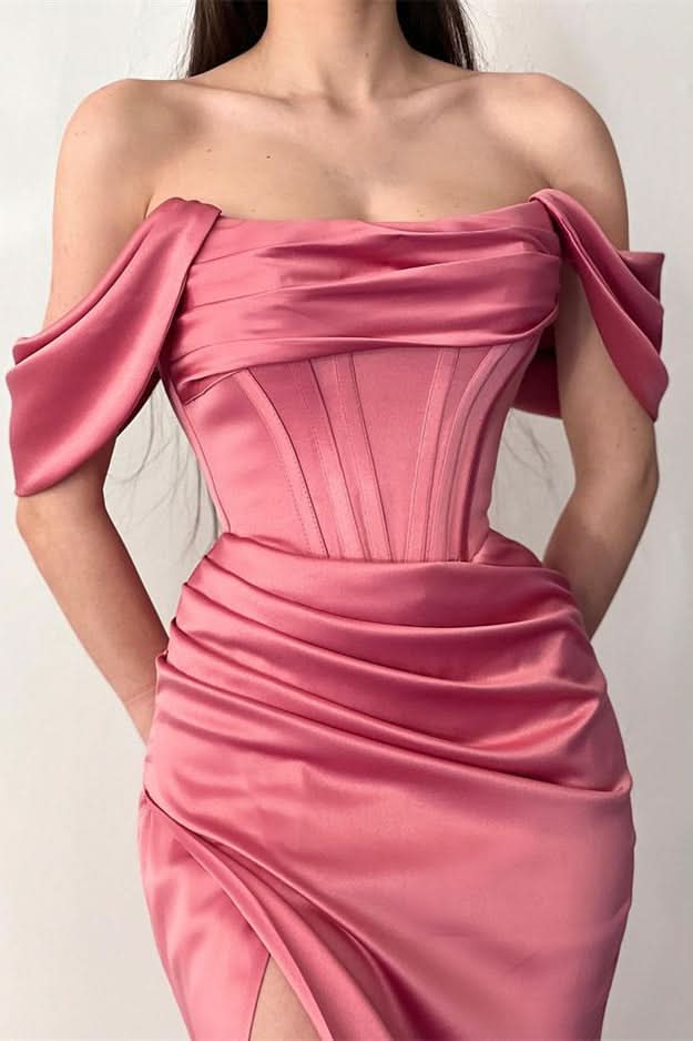 BMbride Fabulous Floor Length Off-The-Shoulder Mermaid Satin Prom Dress with Split BMbride