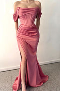BMbride Fabulous Floor Length Off-The-Shoulder Mermaid Satin Prom Dress with Split BMbride