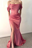 BMbride Fabulous Floor Length Off-The-Shoulder Mermaid Satin Prom Dress with Split BMbride
