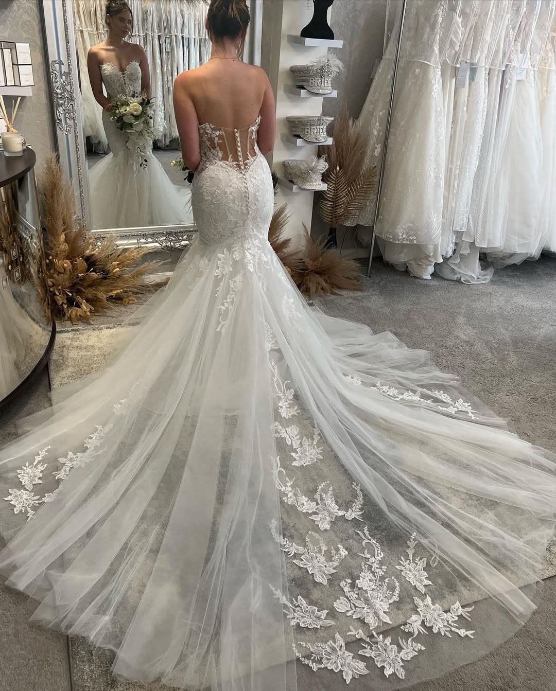 BMbride Fabulous Floor Length Sweetheart Sleeveless Mermaid Wedding Dress with Lace BMbride