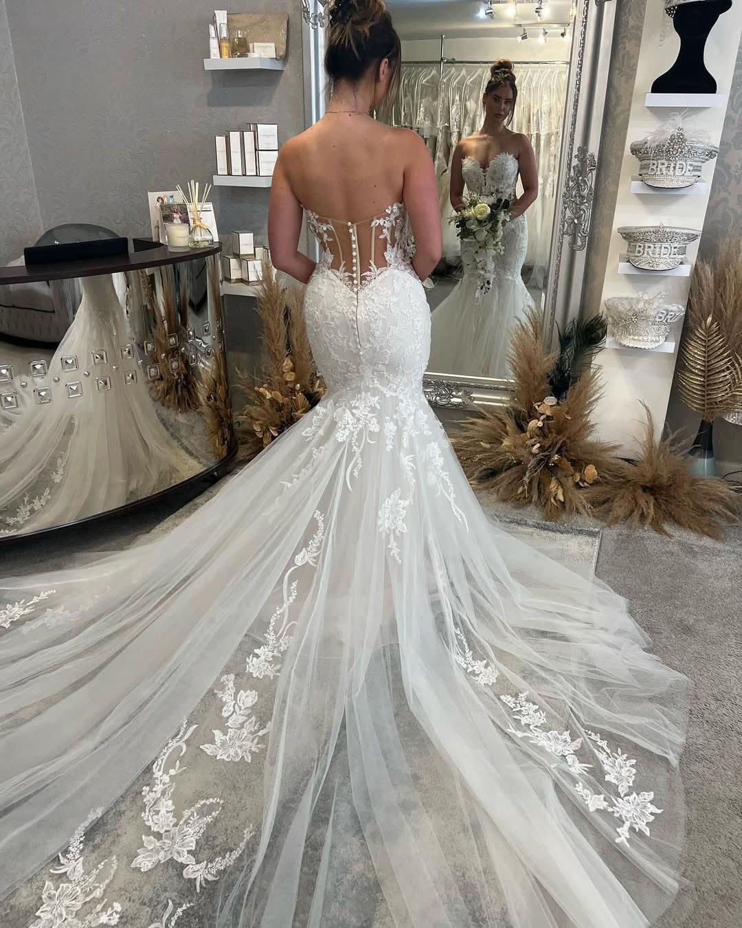 BMbride Fabulous Floor Length Sweetheart Sleeveless Mermaid Wedding Dress with Lace BMbride